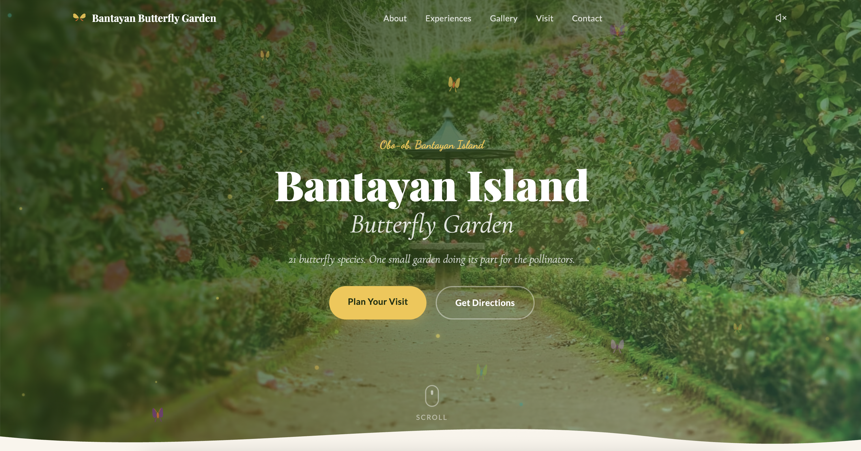 Bantayan Butterfly Garden — a static site for a butterfly sanctuary in bantayan island, cebu. animated svg butterflies, parallax scrolling, and canvas firefly effects.